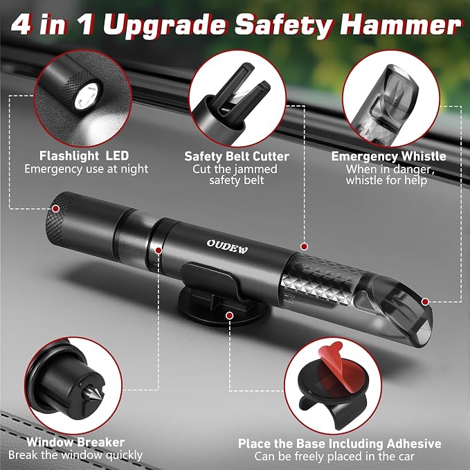 4-in-1 Car Window Breaker Seatbelt Cutter Emergency Escape Tool | Portable Spring Loaded Glass Breaker, Survival Whistle, LED Flashlight, Aluminum Alloy Safety Hammer for Emergencies, Black