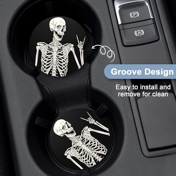 Nipichsha Car Coasters for Cup Holders, 2 Pack Absorbent Ceramic Car Cup Holder Coaster for Drinks, Cute Auto Assecories for Women Men, Size 2.56 in with Finger Notch & Cork Base, Skull