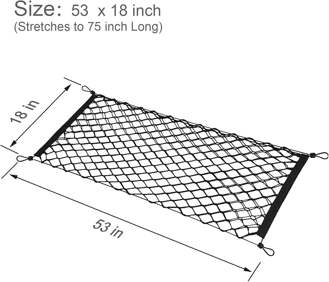 BAILALIBO Cargo Net with Metal Hooks, 53x18 in | Elastic stretchable mesh, adjustable for Pickup/truck/jeep, universal fit, secure trunk storage, heavy-duty for car exterior