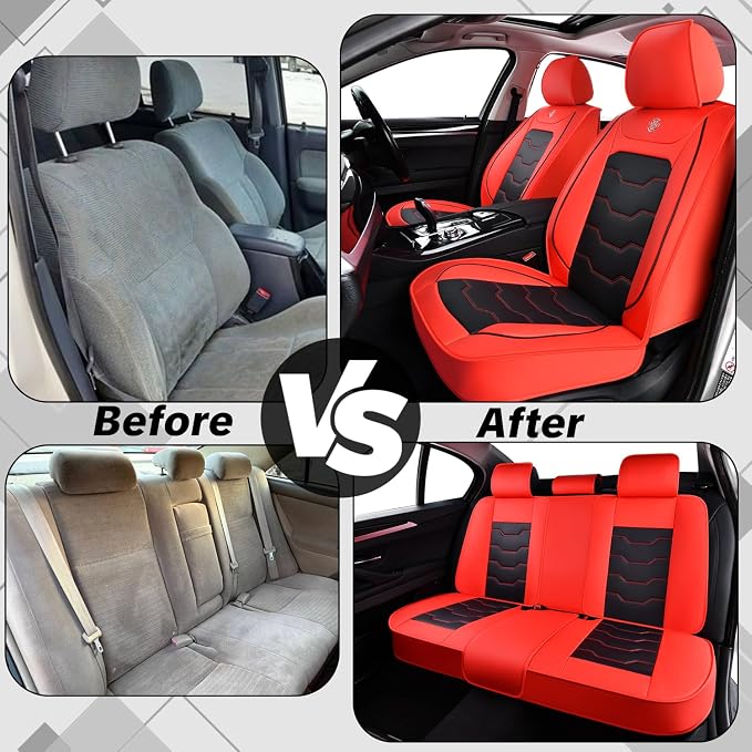 Red Car Seat Covers Complete Set, Universal Car Seat Covers for Cars, Premium Waterproof Leather, Protect & Upgrade Car Interiors, Airbag Compatible, Easy to Install & Clean Up