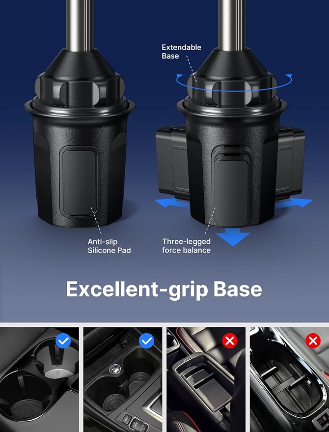 JSAUX Car Cup Holder Phone Mount for Foldable Phones & Mini Tablets | Sturdy Metal Long Arm, Flexible Height and Angle, Adjustable Base, Secure Phone Grip, Fits 2.17-4.33 in Car Cup Holders