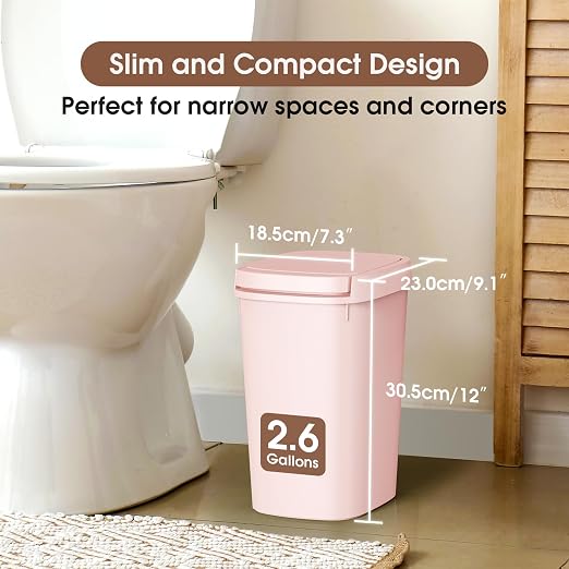 CEROELDA 3 Pack Bathroom Trash Can with Lid, 10L/2.6 Gal Small Garbage Can with Press Top Lid, Slim Plastic Waste Basket for Toilet, Office, Bedroom (Pink)