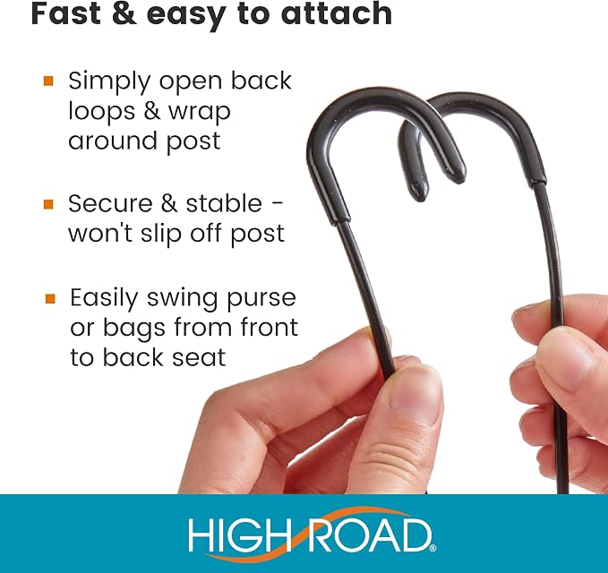 Metal Car Hooks for Purses and Bags - Large Hooks Won't Slip Off or Rattle | Set of 2 High Road Car Headrest Hooks Fit All Sized Metal Posts - Holds Multiple Bags, Wide Straps and Hard Hats