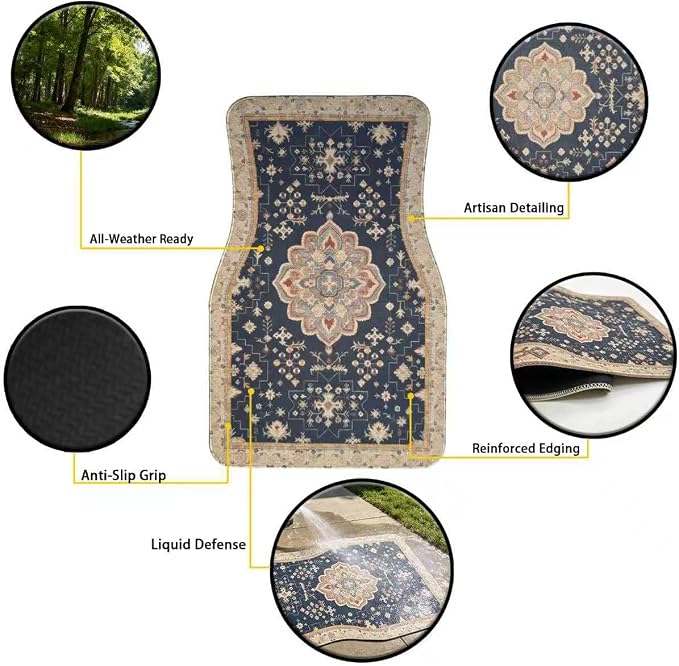 Vintage Persian Navy Car Floor Mats 4-Pack Boho Rug Style | Boho Persian car floor mats 4-piece set, navy medallion rug print, fits sedans SUVs trucks, non-slip