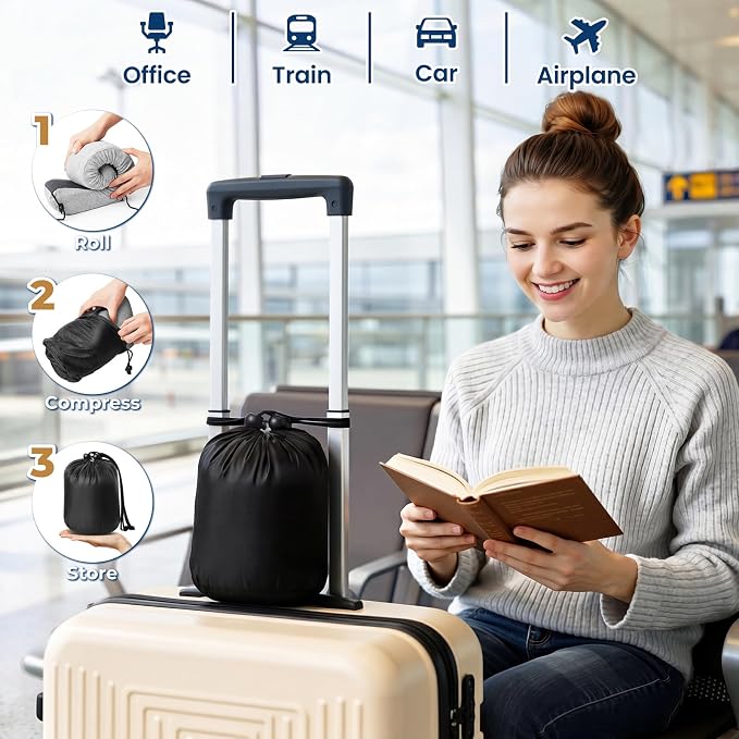 ExploreBliss Travel Pillow, Travel Pillows for Sleeping Airplane, Neck Pillow Airplane, Memory Foam Neck Pillow Set with Eye Mask, Earplugs and Storage Bag -Light Grey