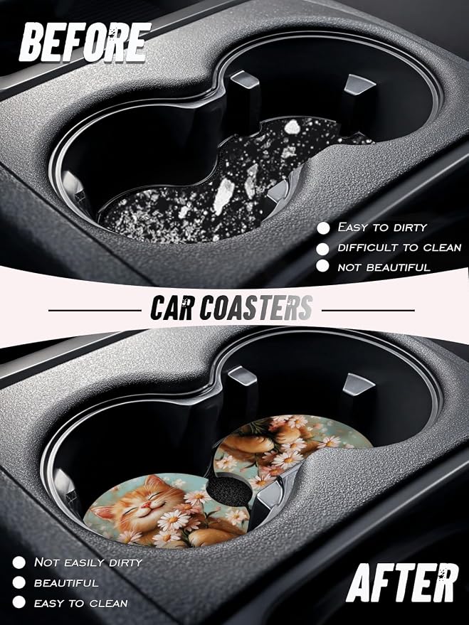 Car Cup Coasters,2 Pack Car Coaster,2.75inch Anti Slip and Absorbent Cars Coasters for Cup Holders,Neopren Accessories for Women,Cute Decor for Women (Smile Cat)