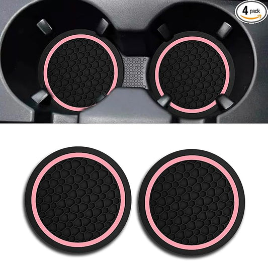 Car Cup Holder Coasters, Dustproof Automotive Interior Accessories Mat,2.75 Inch Non-Slip Insert Water Bottle Holder Pads, Universal for Vehicles, Trucks, RVs and More (Black/Pink, 2PCS)