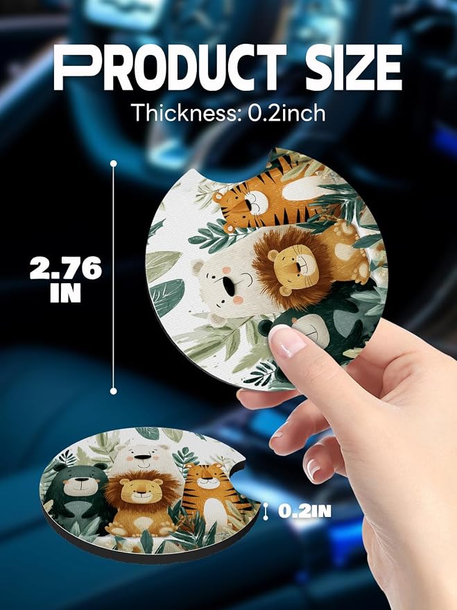WOCOCN Car Coasters,Cup Holder Coasters for Car,2.75inch Anti Slip and Absorbent,Cute Automotive Interior Accessories for Cup Holder,Pack of 2 (Forest Animals)