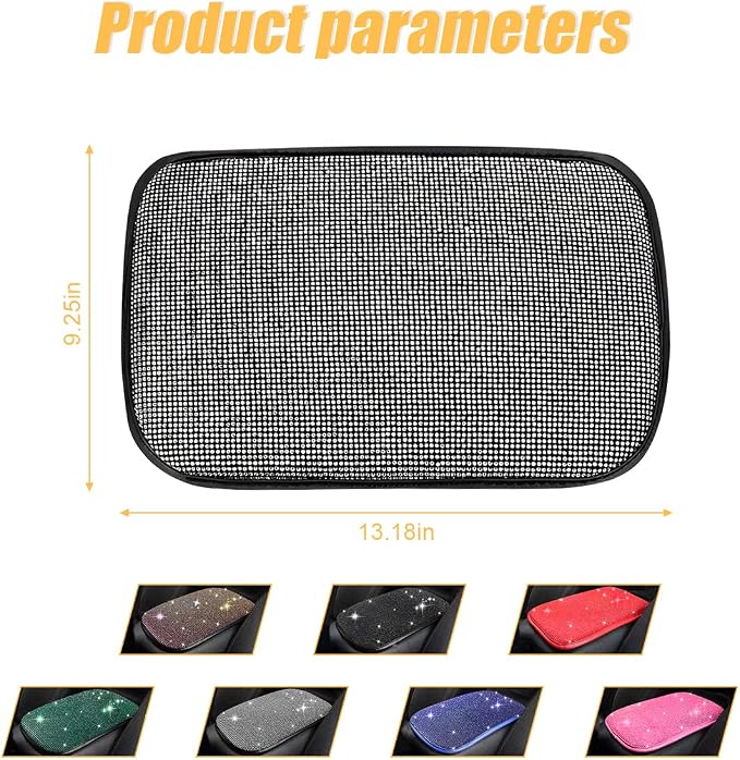 Bling Center Console Cover, Diamond Fashion ArmRest Pad, Crystal Soft Arm Rest Protective Cushion, Car Accessories for Women Girls, 11.8"×8.5" for Most of Vehicles, SUVs, Trucks (Black&Green)