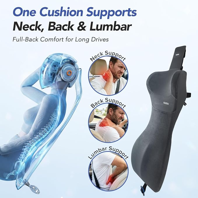 Lumbar Support Pillow for Car with Headrest, Memory Foam Cushion for Back & Neck Support, Muscle Fatigue Relief, Full-Length S-Curve Support for Long Drives, Fits Cars, SUVs, Trucks