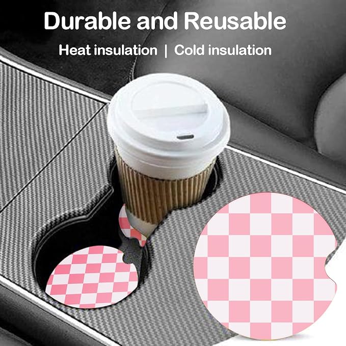 Ceramic Car Coasters – Absorbent Car Cup Holder Coaster Set for Women, Cute Aesthetic Car Accessories for Girls, 2 Pack (Pink)