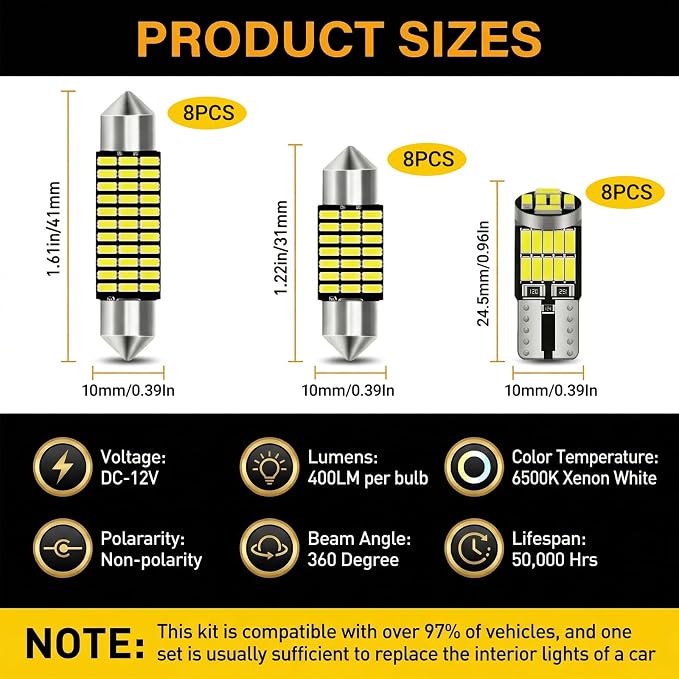 24PCS Car LED Interior Light Kit, T10 31mm 41mm LED Dome Light Bulb Set Replacement for Map License Plate Door Side Marker Cornering and Trunk Interior Lighting, Fits Most Cars and SUVs(White)