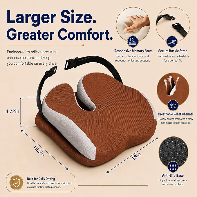 Memory Foam Ergonomic Seat Cushion for Office Chairs Pain Relief | Suitable for prolonged sitting, relieves tailbone pain, fits office chairs, wheelchairs, car seats and computer desk chairs