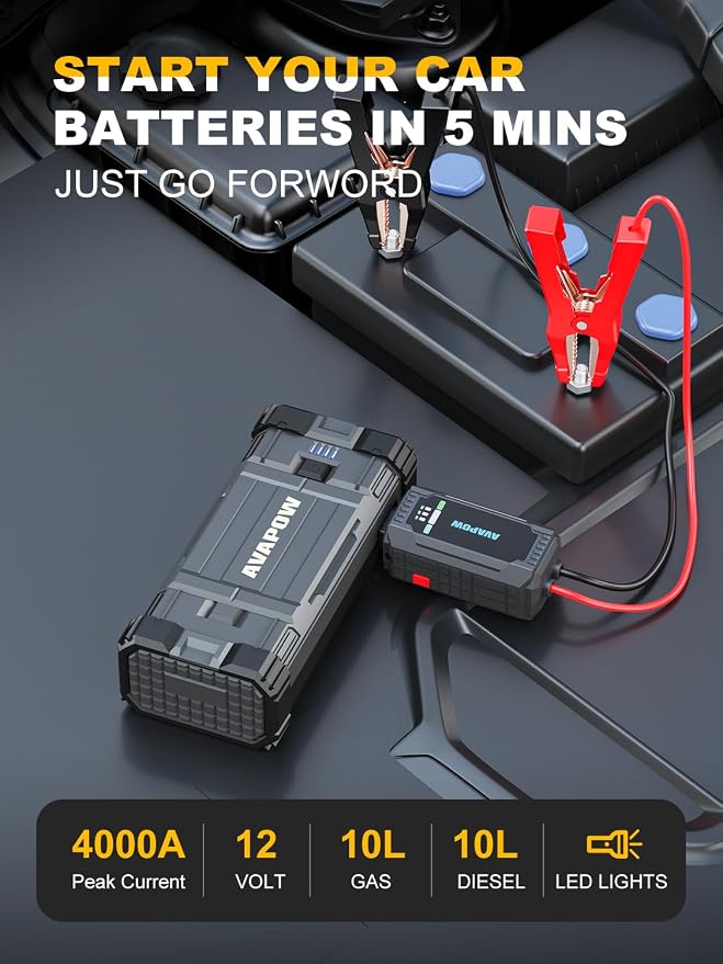 AVAPOW Car Jump Starter, 4000A Peak Battery (for All Gas or Up to 10L Diesel), Portable Booster Power Pack, 12V Auto Jump Box with LED Light, USB Quick Charge 3.0