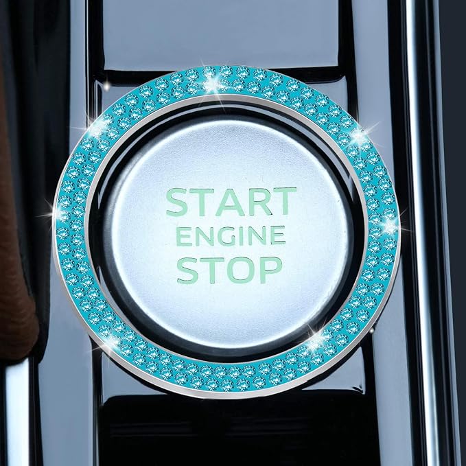 LivTee 2 PCS Crystal Double Rhinestone Car Engine Start Stop Decoration Ring, Bling Car Interior Accessories for Women, Push to Start Button Cover Sticker, Automotive Decals, Cyan
