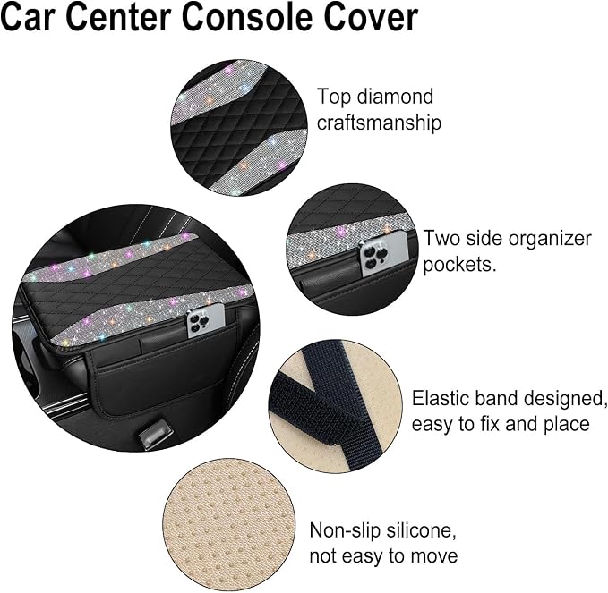 NBTEPEM Bling Car Center Console Cover, Leather Middle Console Cover with 2 Storage Bags, Universal Arm Rest Cover Protector, Bling Car Accessories Interior Fit for Most Vehicles, Multicolor Diamond