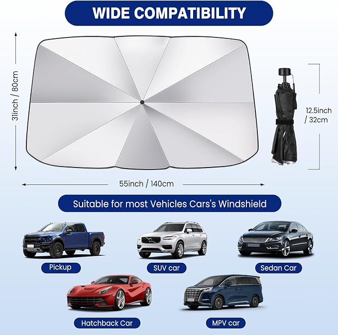 Pleneal Windshield Sun Shade Umbrella, 55" x 31" Foldable Car Sun Shade | 55" x 31", Titanium Silver Reflective Material, Bendable Shaft, High Tenacity Ribs, One-piece Opening Design, Storage Bag