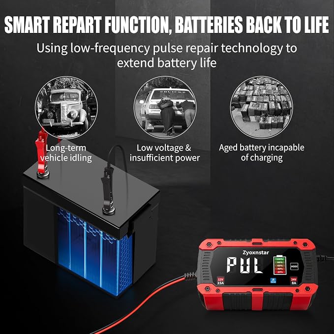 15A Battery Charger, 12V/24V LiFePO4 & Lead Acid Car Battery Charger, Fully Automatic Battery Maintainer w/Overcharge Protection Pulse Repair for AGM, STD, Gel, Deep Cycle Batteries