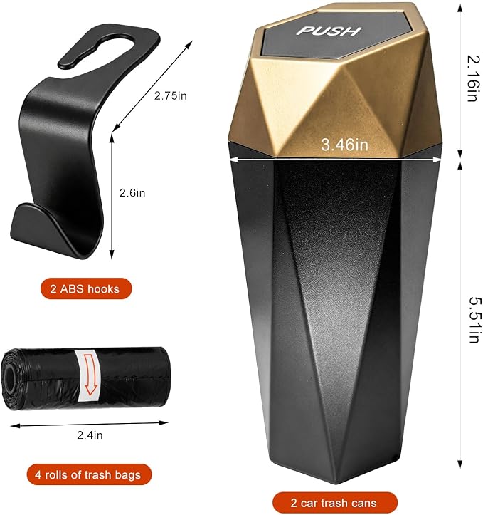 2 PCS Car Trash Can with Lid, Waterproof Diamond Design Auto Cup Holder Trash Bin, Leakproof Mini Garbage Organizer for Vehicle Home Office Kitchen Bedroom, Car Accessories (Golden)