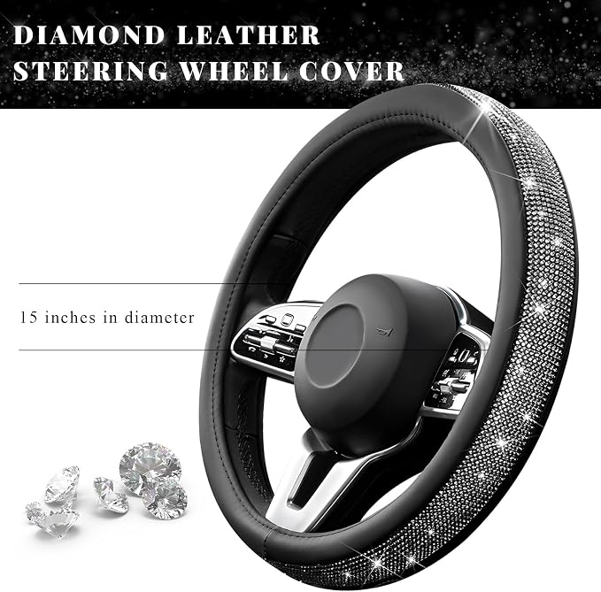 Diamond Leather Steering Wheel Cover, 15 Inch Bling Crystal Rhinestone Anti-Slip Wheel Protector, Universal Sparkling Elegant Diamond Steering Wheels Cover for Women Girl (Black)