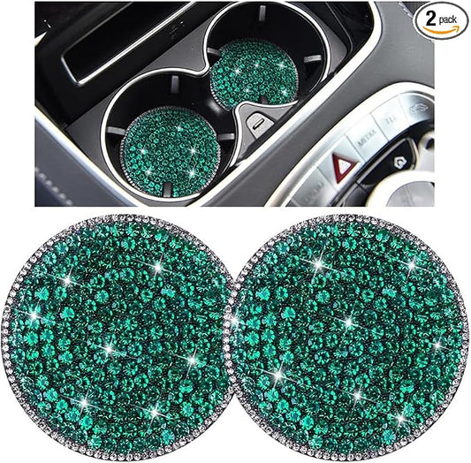 Bling Car Cup Holder Coaster, 2PCS 2.75 Inch Crystal Rhinestone Anti Slip Vehicle Drink Cup Mat for Women Girls, Auto Interior Embedded in Ornaments. Universal for SUV RV Truck (Light Green)