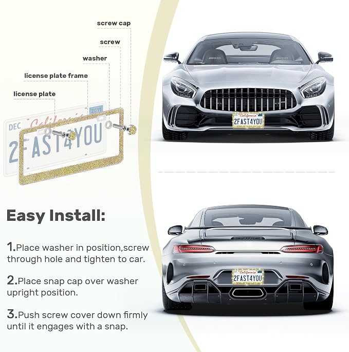 QUANQIUFEI 2 Pack Bling License Plate Frames, Sparkly Rhinestone Diamond Car License Plate Cover for Women, Stainless Steel Car Accessories with Glitter Crystal Caps (Golden)