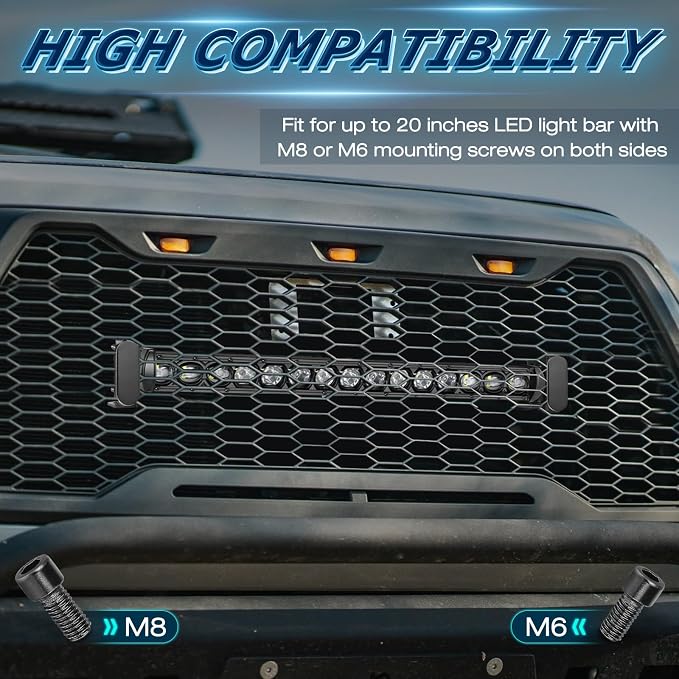 6-20 Inch Light Bar Mounting Brackets, Niwaker 2Pcs Front Hidden Bumper Grill Mount Brackets Fit M6/M8 Side Mount Single/Double Row LED Light Bar for Truck Pickup SUV Off Road Toyota F-150 RAM