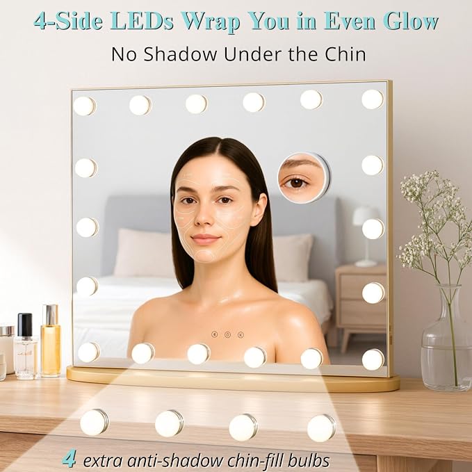 LUXFURNI Vanity Mirror with Lights, 23.6" Hollywood Makeup Mirror Gold | 18 Surround LED Bulbs, 360° Shadow-Free Lighting, 3 Color Modes, USB Charging, Tabletop & Wall Mount for Bedroom Dorm Desk