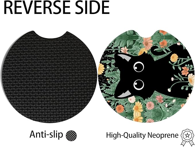 2pcs Cute Black Cat Car Coasters,Absorbent Universal neoprener Cup Holder Coasters with a Finger Notch,Car Accessories for Women&Man Interior，2.75" 3
