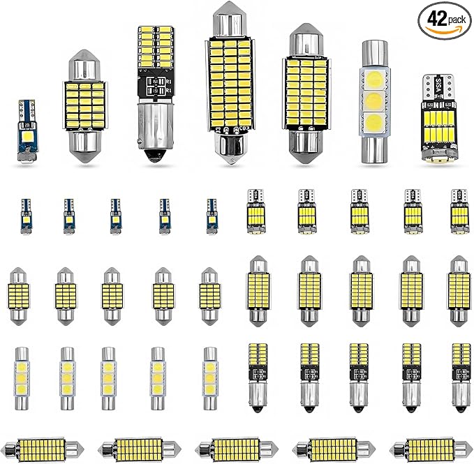 42 Pieces Car LED Dome Interior Light Kits, 28mm/31mm/36mm/41mm/BA9S/T5/T10 Bulb Kit, Car Dome Map Dash Door Trunk Indicator Light Cargo Door Courtesy License Plate (White)