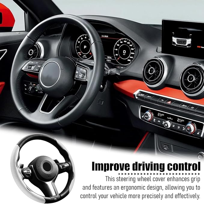 2PCS Car Steering Wheel Cover, 14.5-15" Breathable Nappa Leather Segmented Steering Wheel Protector with Non-Slip Grip, Stylish Auto Interior Decor Accessories, Universal for Vehicles (White)