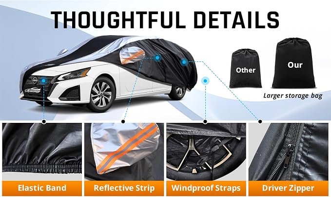 Altima Car Cover Waterproof All Weather with Silver Strip Design, Custom Fit for Altima 2005–2025, Accessory with Door Zipper & Windproof Straps
