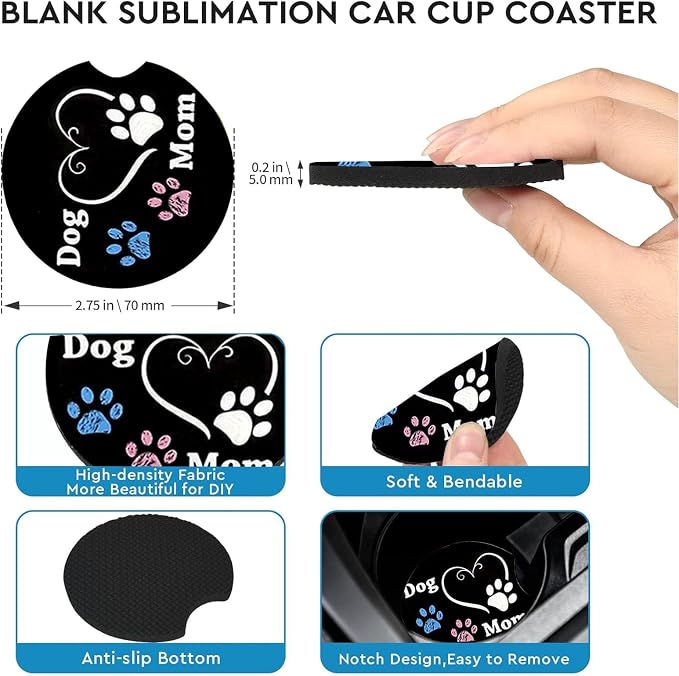 2 Pack Dog Mom Paw Car Cup Holder Coasters Universal Neoprene Coasters | 2.75" Universal Size Anti Slip Rubber Mat, Auto Cup Holder Accessories for SUV Truck, Dog Mom Paw Gifts for Women Men Mom