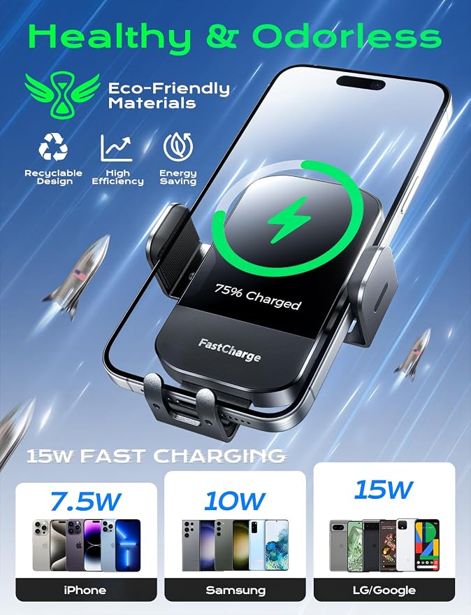 Wireless Car Charger, 15W Fast Charging Auto Clamping Phone Holders for Your Car Phone Mount fit for iPhone 17 16 15 14 13 12 Pro Max 11 XR XS, for Samsung Galaxy S25 Ultra S24 S23, Black