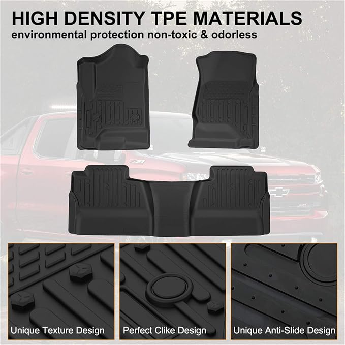 Kiwi Master Floor Mats for 2014-2018 Chevy Silverado/GMC Sierra Crew Cab | 1500/2500/3500 HD, Custom Fit All Weather Car Mats, Heavy Duty TPE Floor Liners, Front & Rear 2 Row Set, Black