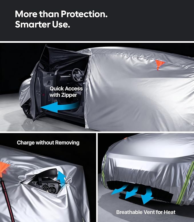 Wigoo Tesla Model X Car Cover Accessories 2015-2026, Custom Fit Waterproof All Weather Outdoor Full Car Cover, Windproof UV Rain Snow Dust Protection, Door Zipper, Charging Port, Ventilated Mesh