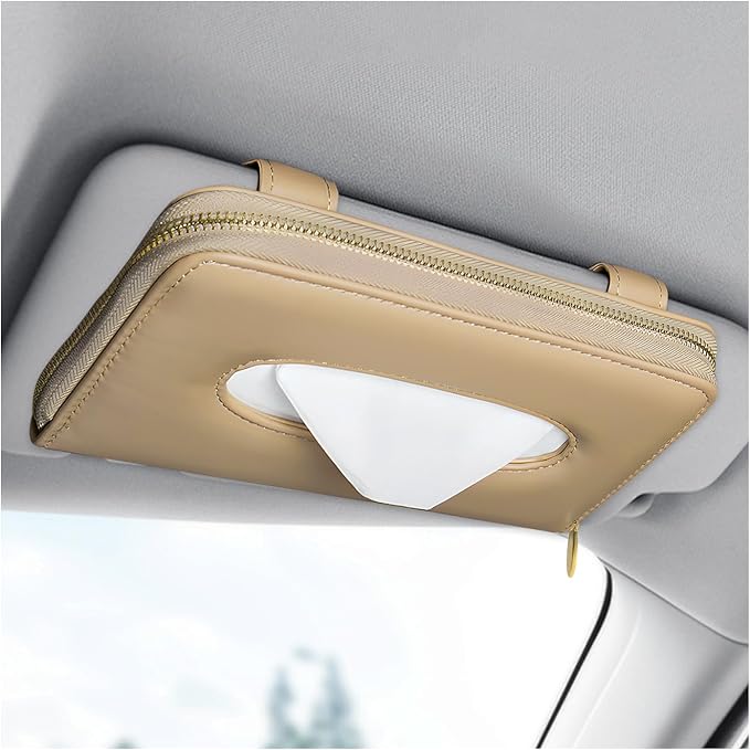 Car Tissue Box, Leather Auto Sun Visor Napkin Case Tissue Case Holder with Zipper, Sunvisor Paper Towel Storage Box Napkin Organizer for Most Vehicles, Car Accessories (Beige)