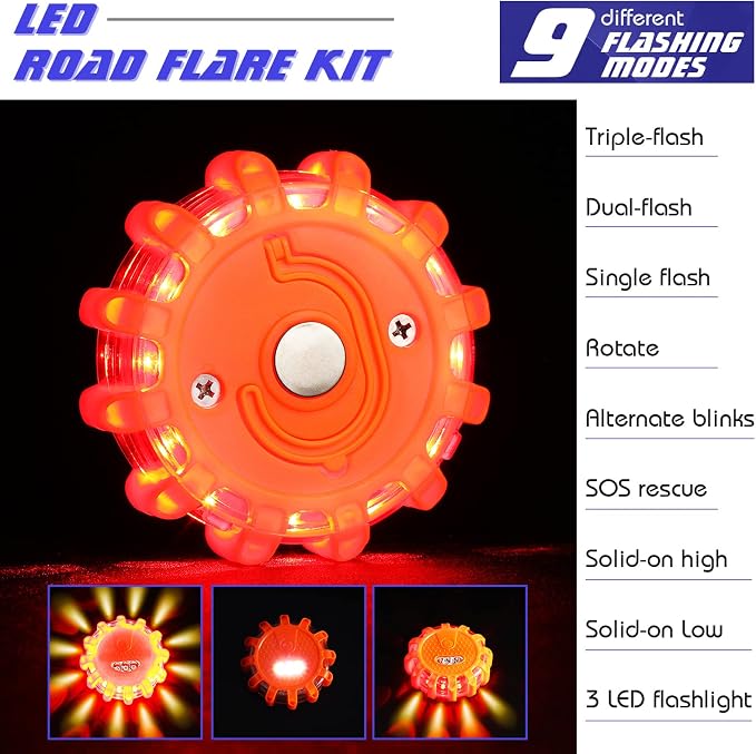 Frienda 24 Pieces LED Roadside Safety Flares Emergency Flare Lights Flashing Warning Lights Bulk Roadside Safety Beacon Disc Pack with Magnetic Base and Hook for Car Truck Vehicles Boat