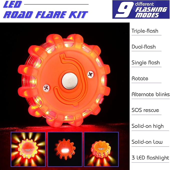 Frienda 12 Pieces LED Roadside Safety Flares Emergency Flare Lights Flashing Warning Lights Bulk Roadside Safety Beacon Disc Pack with Magnetic Base and Hook for Car Truck Vehicles Boat