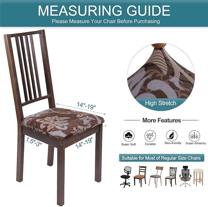 SearchI Seat Covers for Dining Room Chairs Stretch Printed Chair Seat Covers Set of 8, Removable Washable Upholstered Chair Seat Protector Cushion Slipcovers for Kitchen, Office(Brown+Flower)