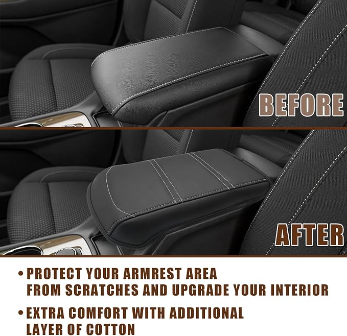 Muslogy Center Console Armrest Cover Fit for Acadia 2017-2023 Accessories, Comfort Armrest Pad Console Lid Cushion Vegan Leather Regular Thick (Black/White Trim)