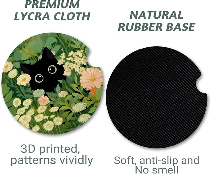 Yonlevres Car Coasters for Cup Holders，2.75" Anti Slip Rubber Mat with A Finger Notch, 2 Pack Car Cup Holder Coasters for Car Interior Accessories for Women Men Cute Cat
