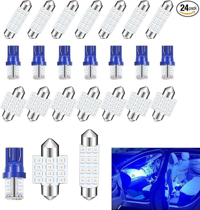 24PCS Car Interior LED Lights Kit Set, T10 31mm 42mm LED Interior Replacement Bulbs, Blue Interior Cars Light, for Dome Map License Plate Bulbs Door Side Marker Cornering (Blue)