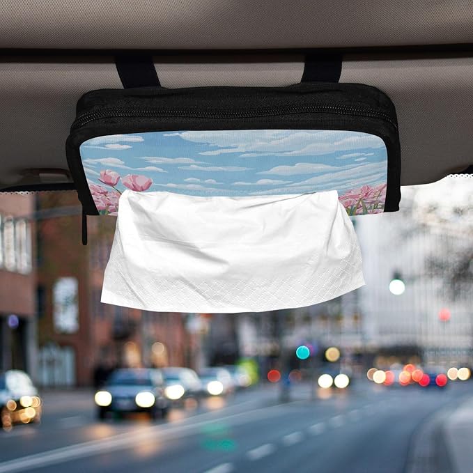 Car Visor Tissue Holder Mask Holder for Car, Car Tissue Box Sun Visor Napkin Holder Car Visor Accessories Adjustable Straps Reusable Durable Easy to Install Pink Tulip Field and Blue Sky