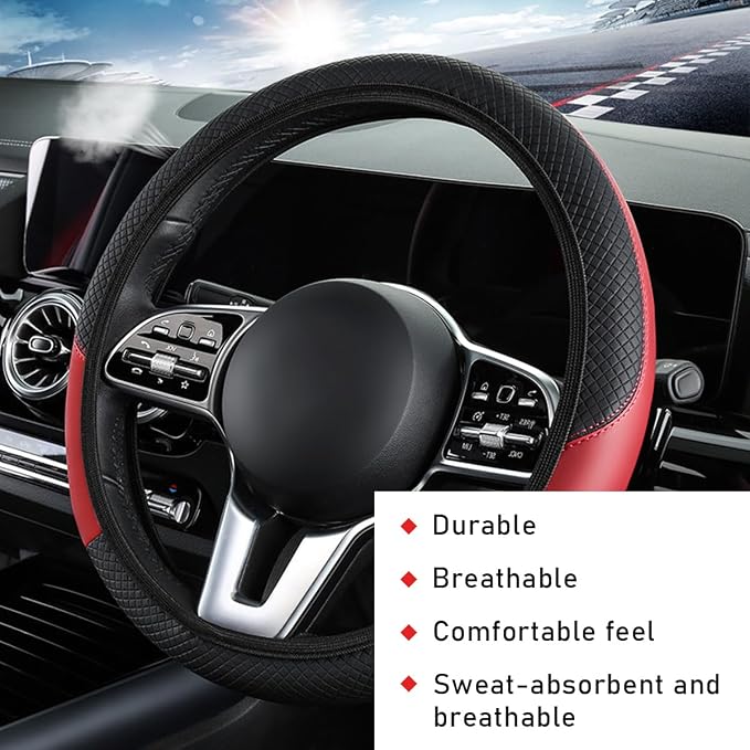 povtii Car Steering Wheel Cover, 15 Inch Leather Breathable Auto Steering Wheel Protector, Comfortable Non-Slip Vehicle Steering Wheel Covers, Universal Interior Car Accessories (Black+Red)