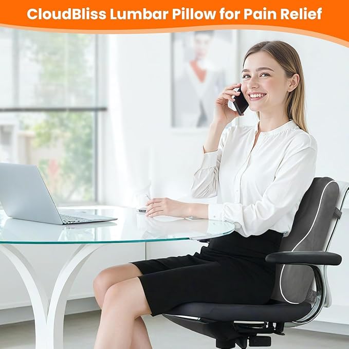 CloudBliss Ergonomic Lumbar Support Pillow Seat Cuhsion - Memory Foam for Lower Back Pain Relief, Adjustable Straps & Mesh Cover for Office, Gaming, Car Seat (Medium, Grey)