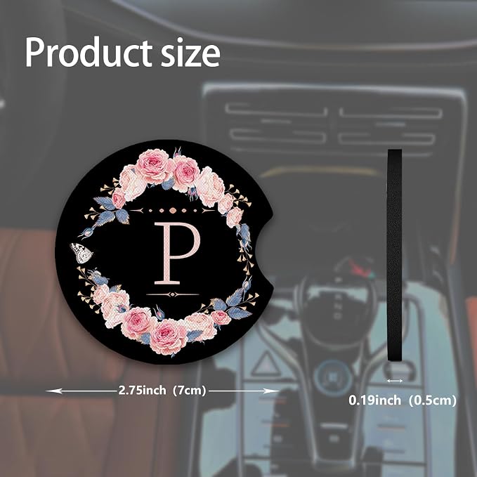 2pcs Letter P Car Coasters,Absorbent Universal neoprener Cup Holder Coasters with a Finger Notch,Car Accessories for Women&Man Interior，2.75"