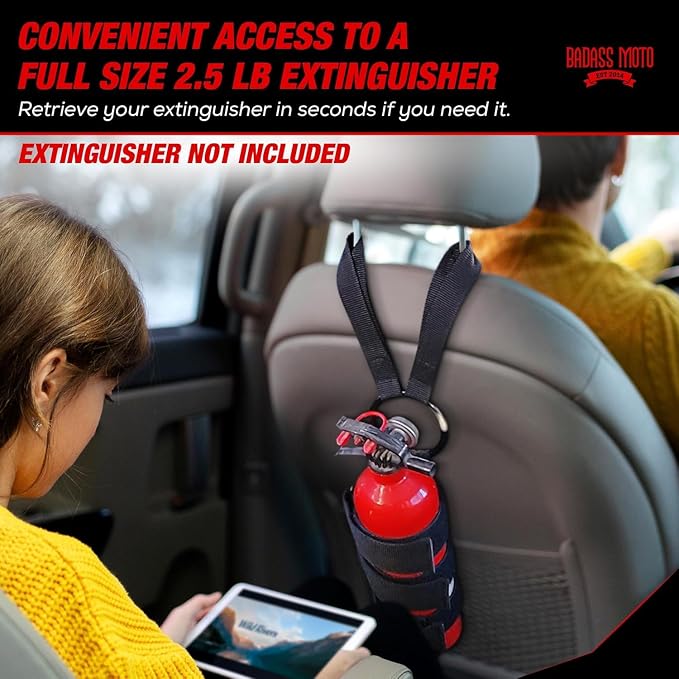 Badass Moto Car Fire Extinguisher Mount - Automotive Fire Extinguisher Mount for Vehicle Car Seat Headrest - Tool Free Seat Back Strap Install. Safety Kit Accessories for Jeep, Truck & SUV - 3 Pack
