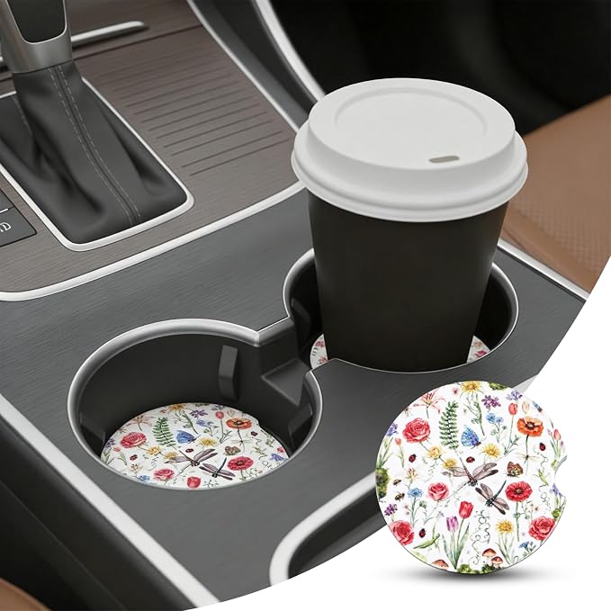 2 Pack Flower Car Coasters for Women Car Cup Holder Coasters, 2.63 Inch Anti Slip Ceramic Absorbent Coaster with Cork Base and Finger Notch, Cute Car Accessories Interior