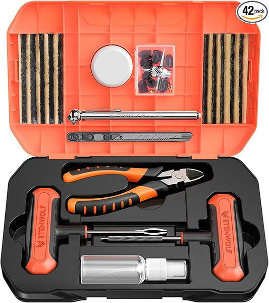 ETENWOLF Tire Repair Kit 42 Pcs, Heavy Duty Tire Plug Kit to Fix Punctures | Tire Repair Tool with Plugs for Car, Motorcycle, ATV, Jeep, Truck, Tractor, Gifts for Him Her Men Women, Vivid Orange